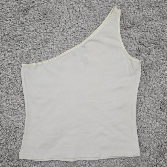 Bebe Top Women Large‎ Off White One Shoulder Flag Rhinestone Y2K Stretch - Picture 8 of 11